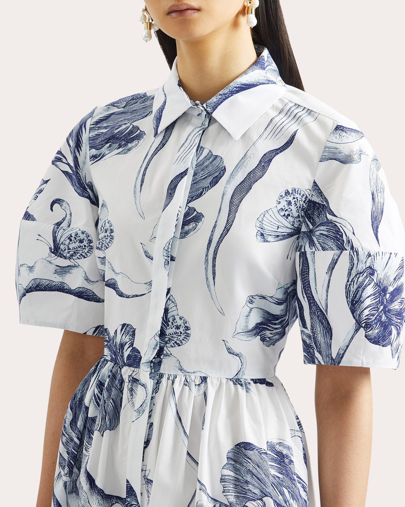 Floral Gathered Midi Shirt Dress