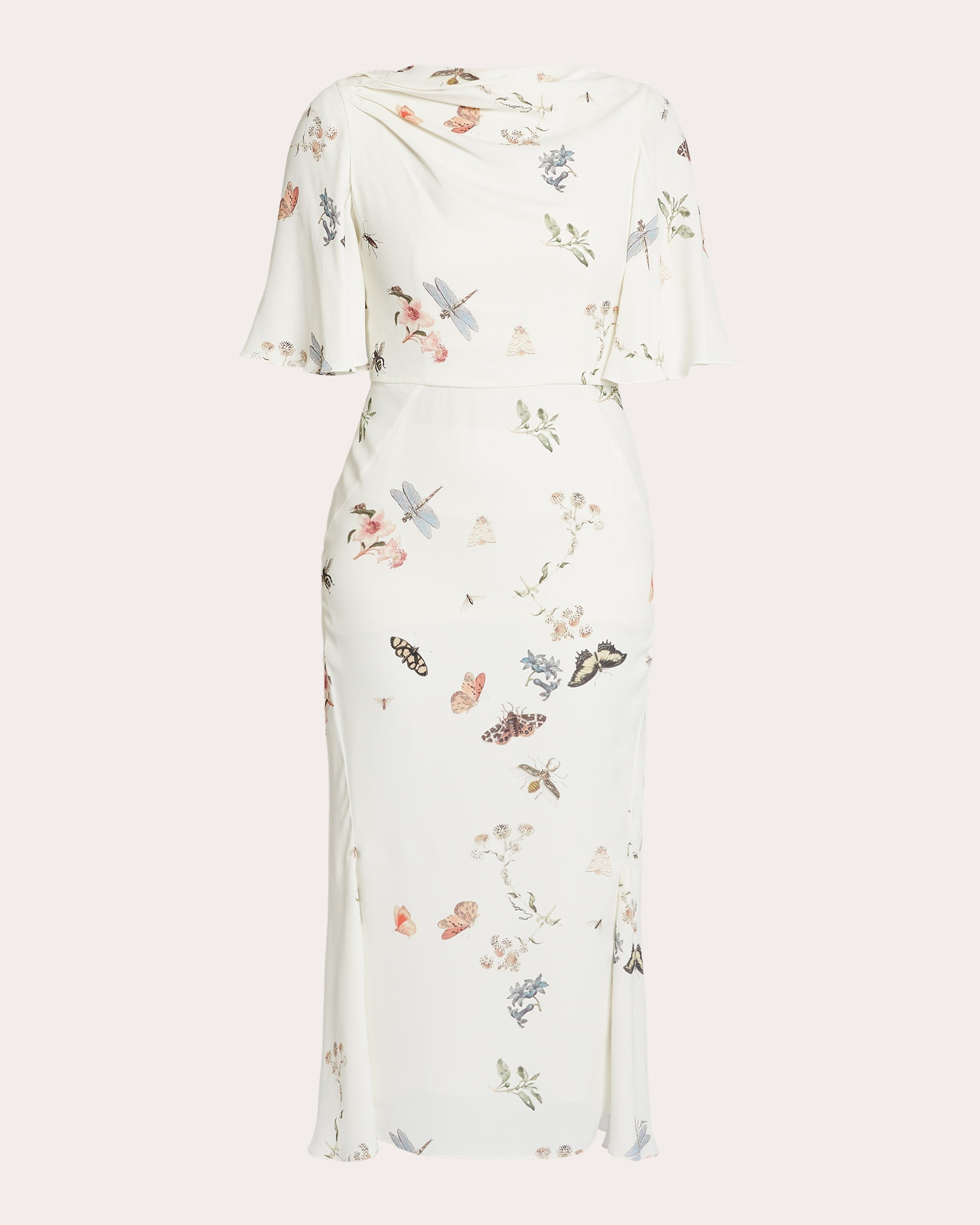Floral Crepe Draped Flutter-Sleeve Midi Dress