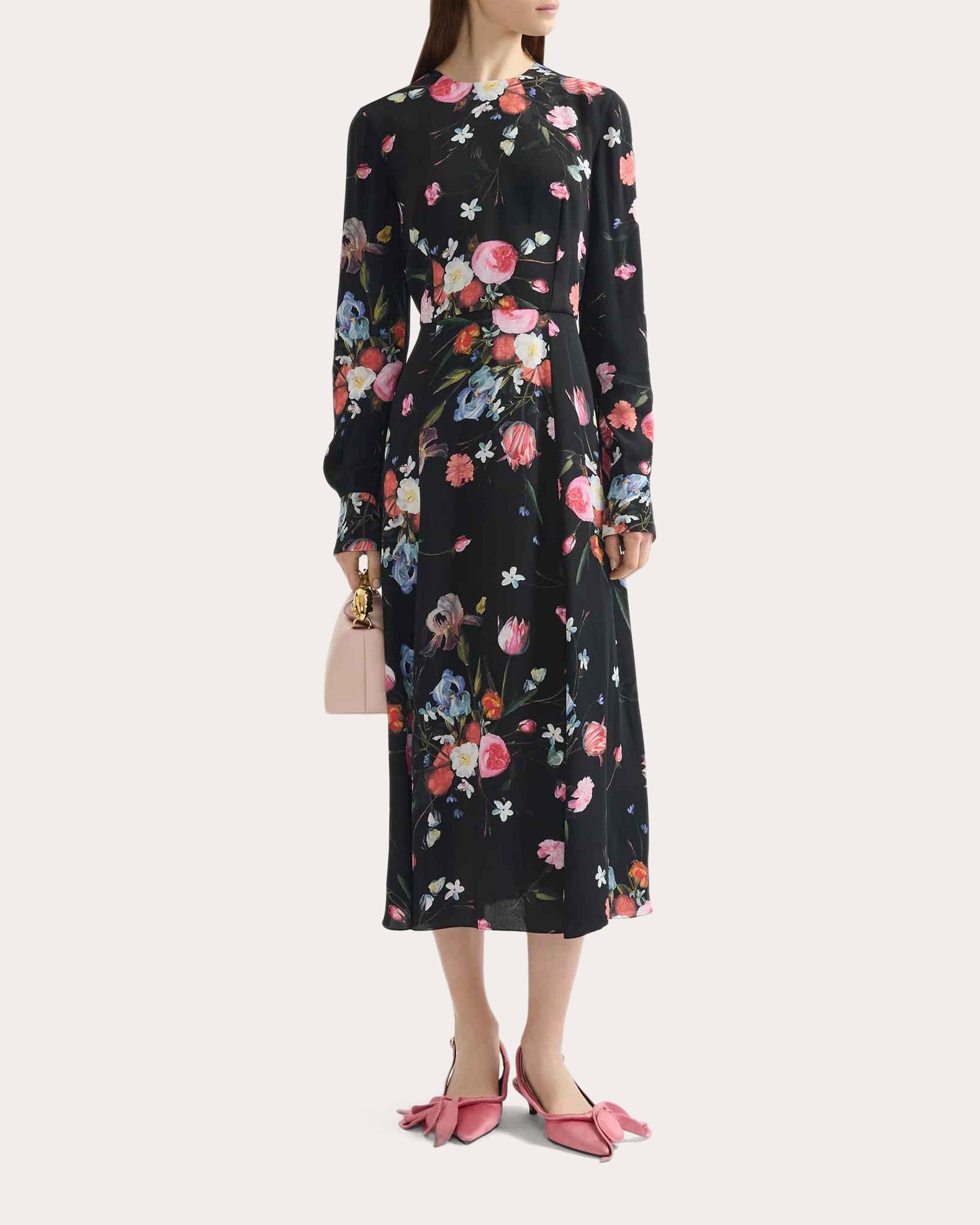 Floral Crepe Long-Sleeve Midi Dress