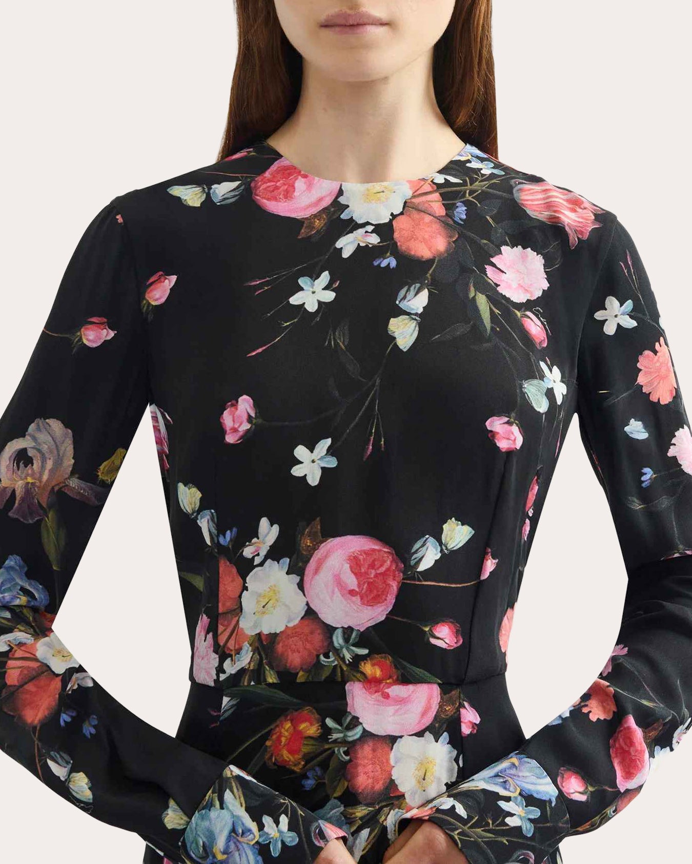 Floral Crepe Long-Sleeve Midi Dress