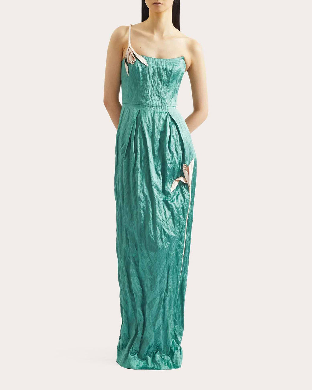 Floral Appliqué Crushed Satin Bustier Gown