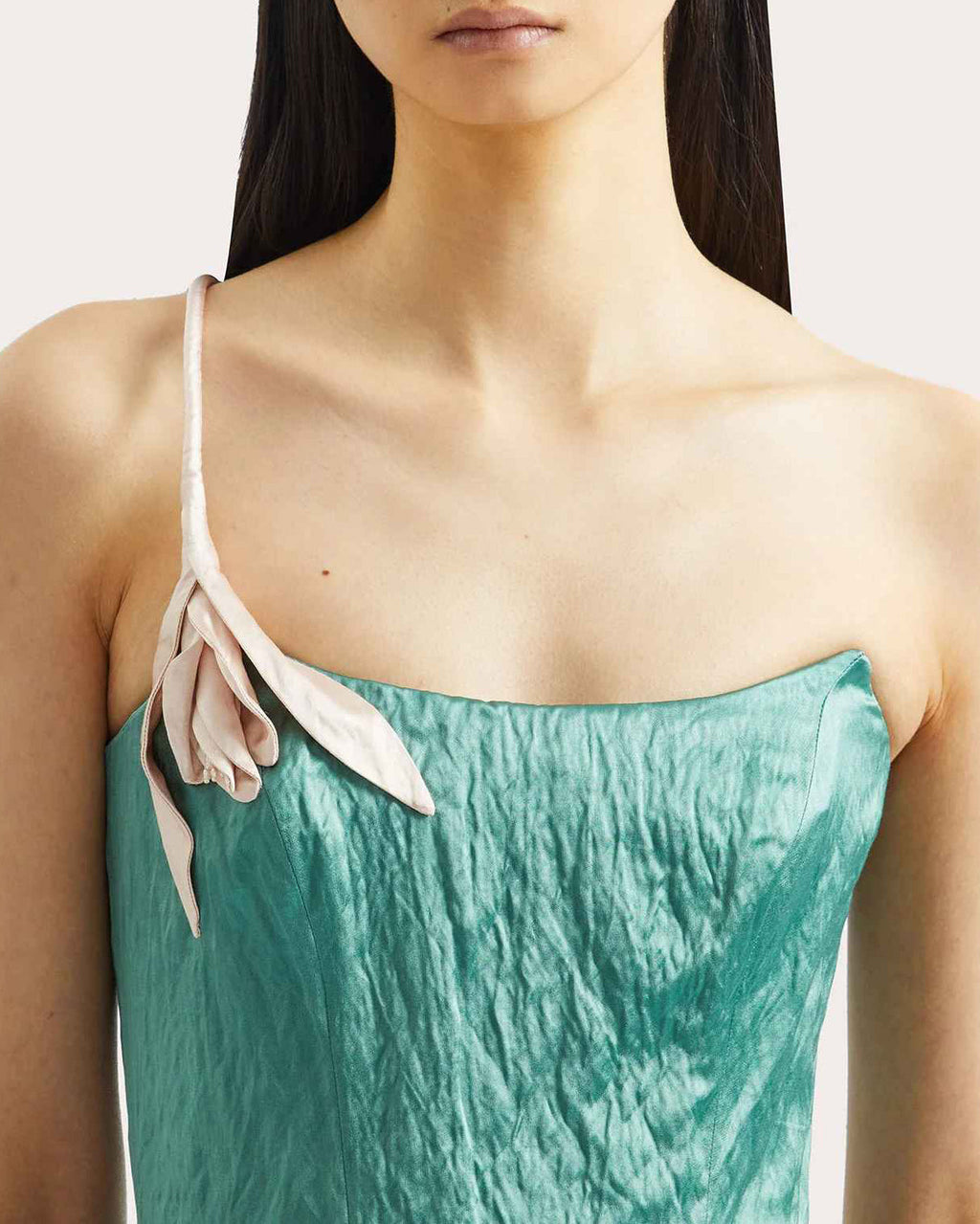 Floral Appliqué Crushed Satin Bustier Gown