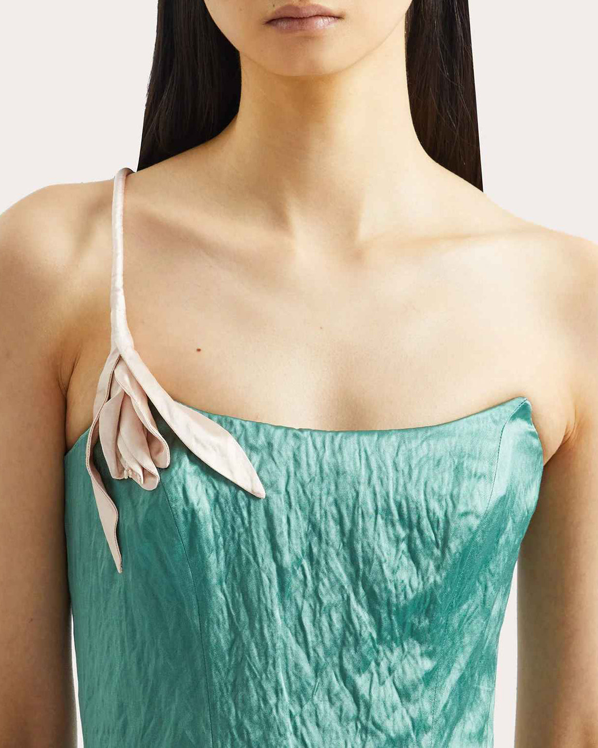 Floral Appliqué Crushed Satin Bustier Gown