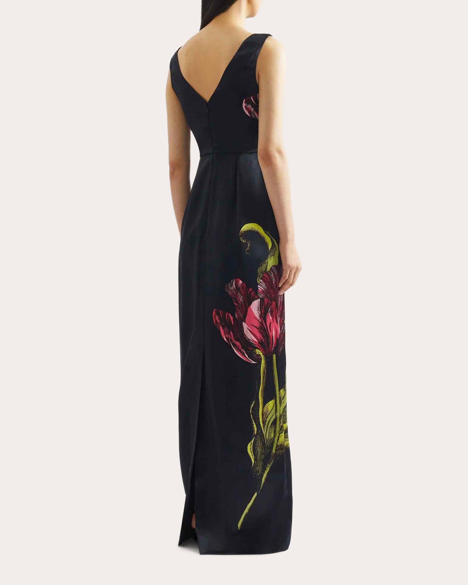 Floral Satin Sleeveless Boatneck Gown