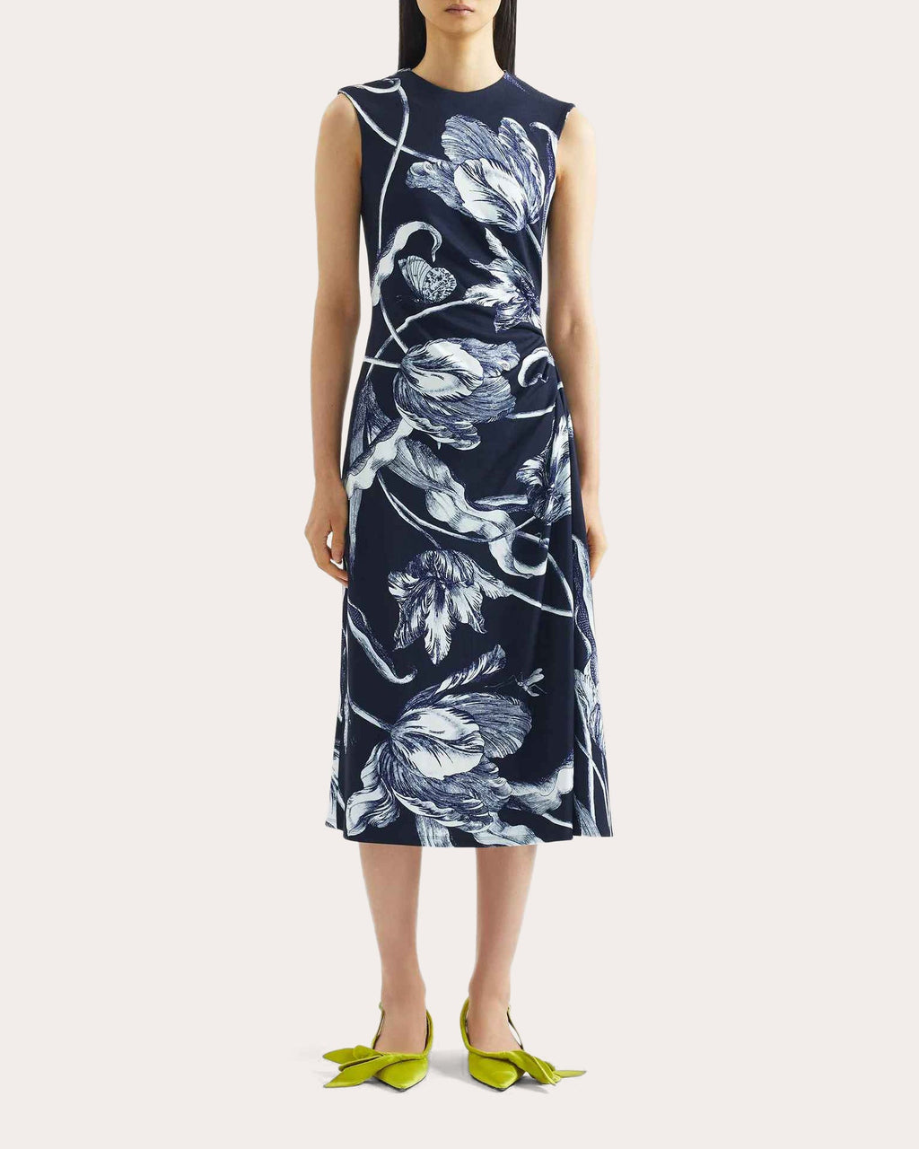 Floral Jersey Draped Sleeveless Midi Dress