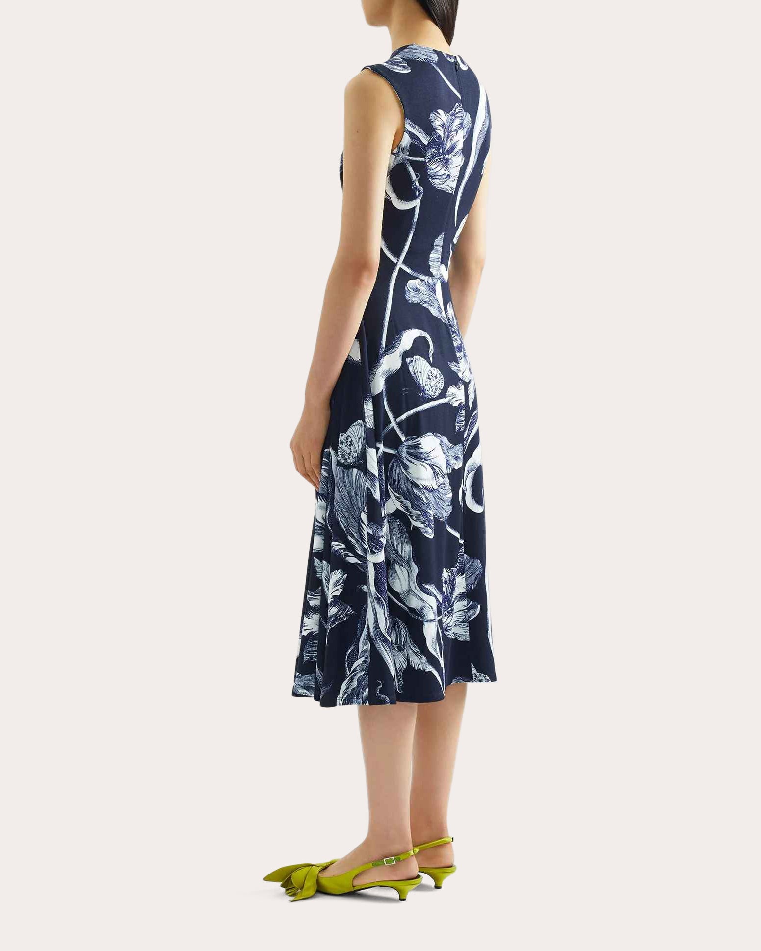 Floral Jersey Draped Sleeveless Midi Dress