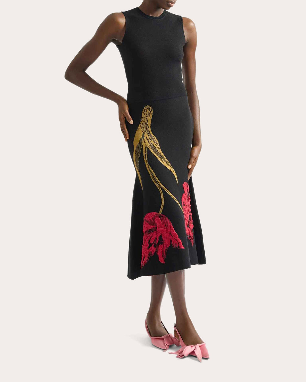 Floral Knit Sleeveless Flared Midi Dress