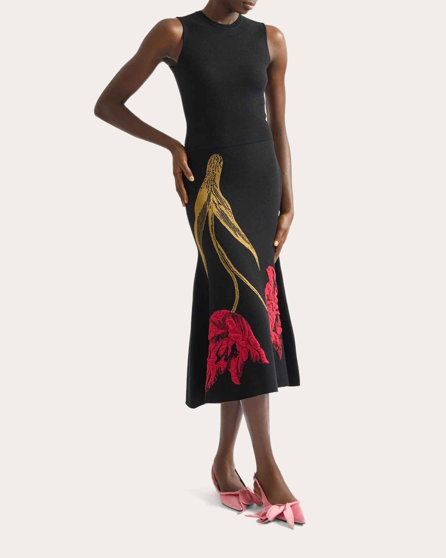 Floral Knit Sleeveless Flared Midi Dress
