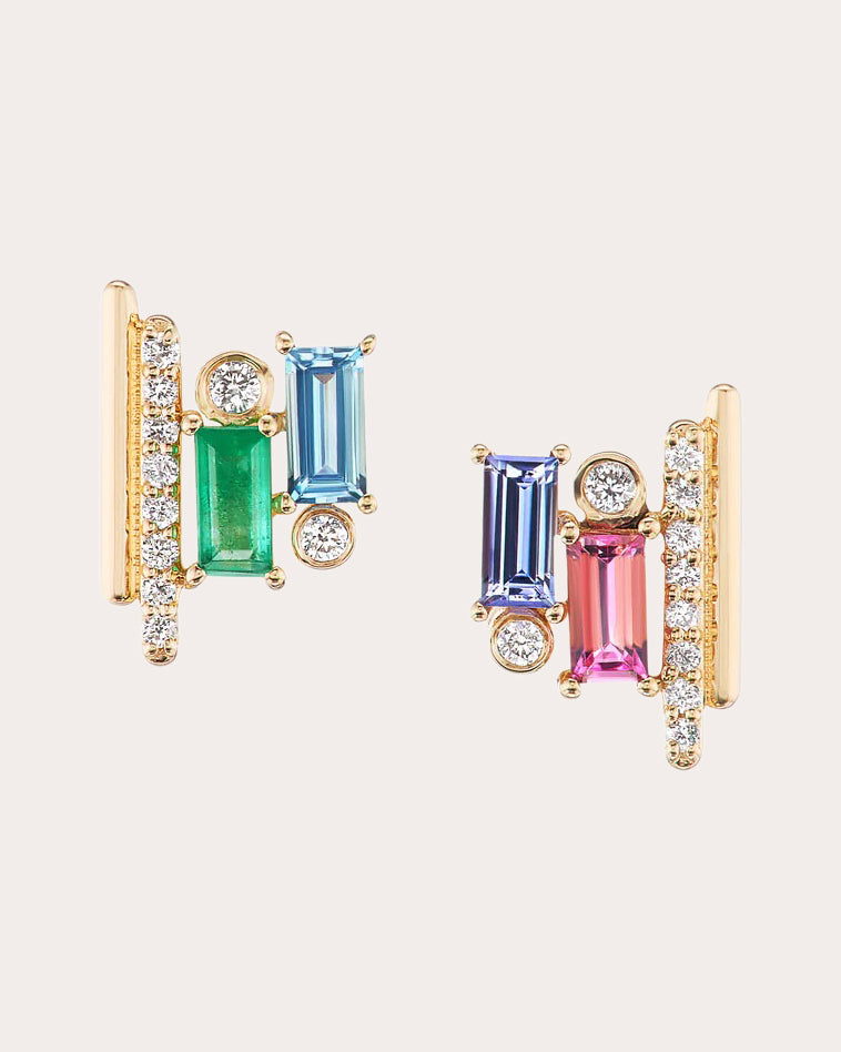 Diamond & Gemstone 14k Gold Ethereal Stud Earrings