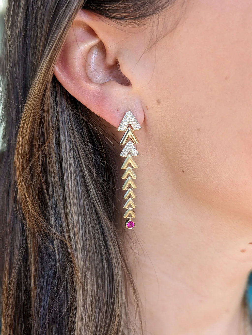 Pink Sapphire & 14k Gold Spark Chevron Drop Earrings