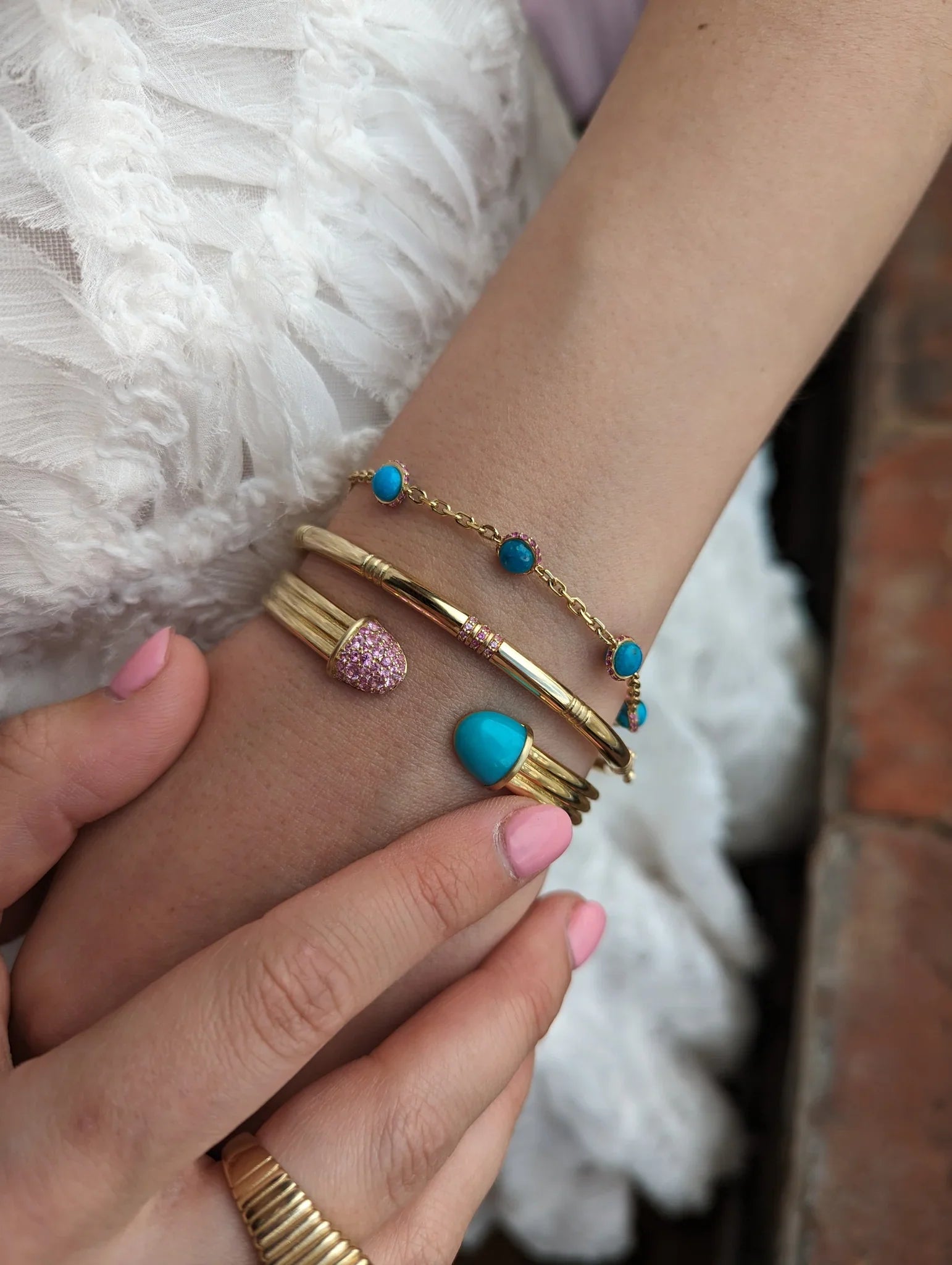 Pink Sapphire & Turquoise Found Cap Cuff