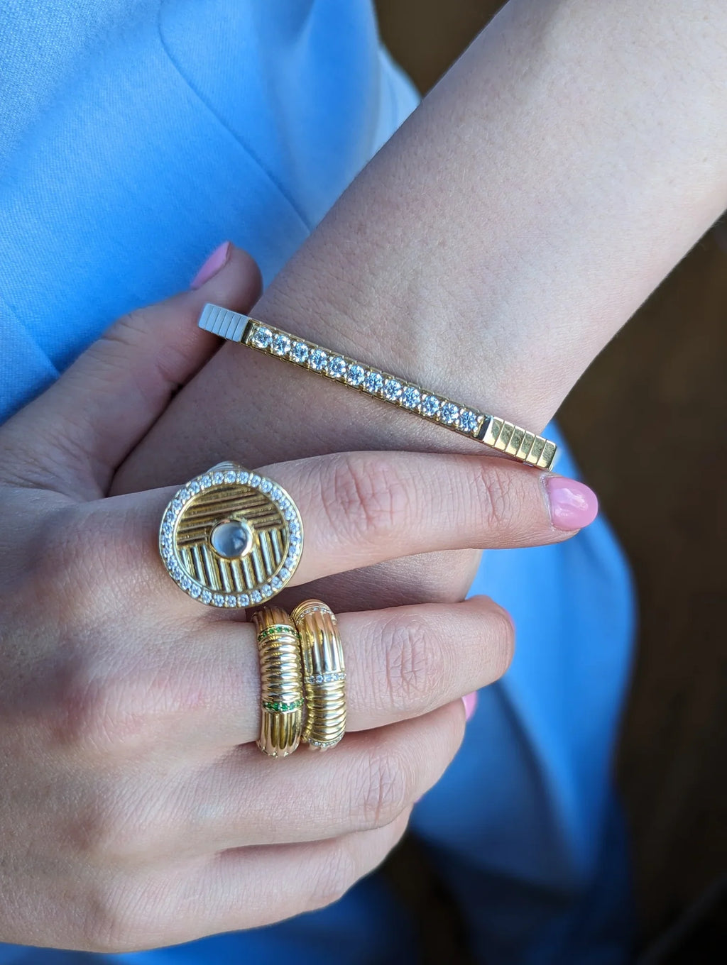 Diamond & Moonstone 14k Gold Found Ribbed Ring