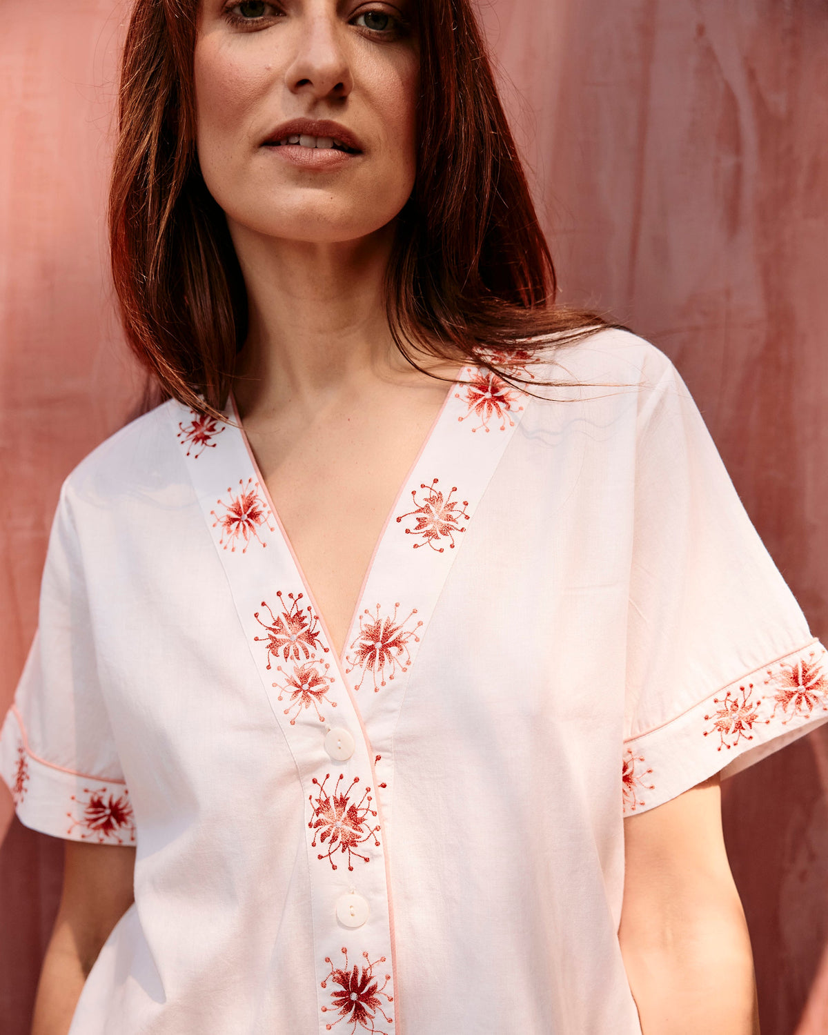 Sumi Embroidered Floral Cotton Pajama Set