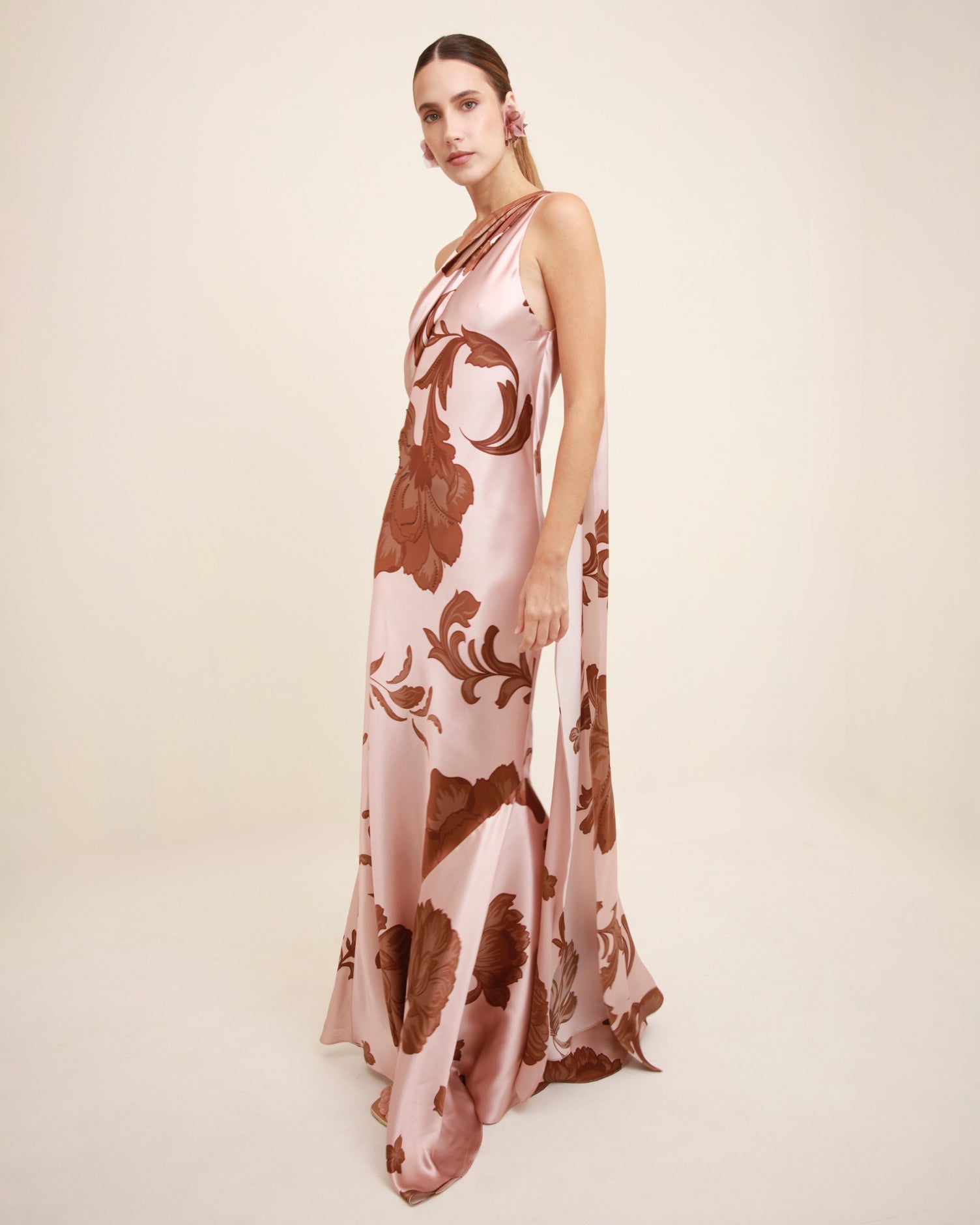 Petalo Floral Silk Drape Asymmetric Maxi Dress