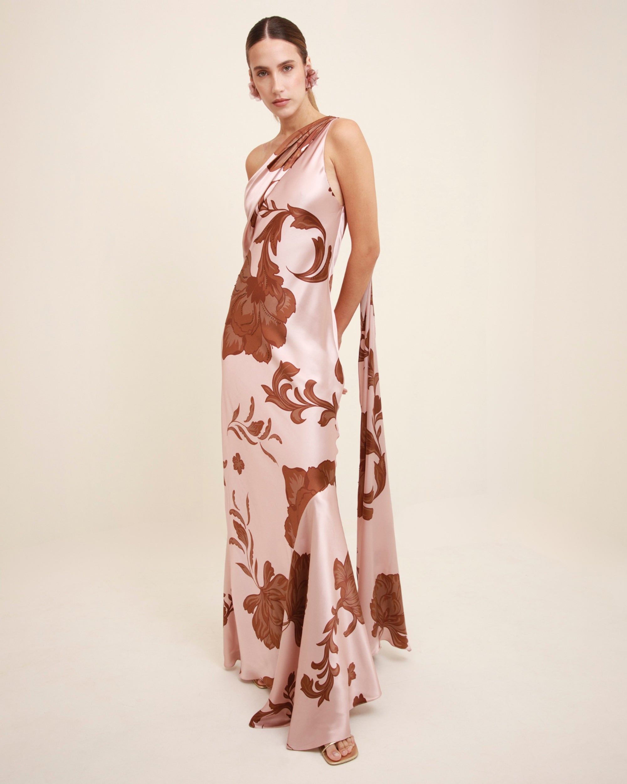 Petalo Floral Silk Drape Asymmetric Maxi Dress