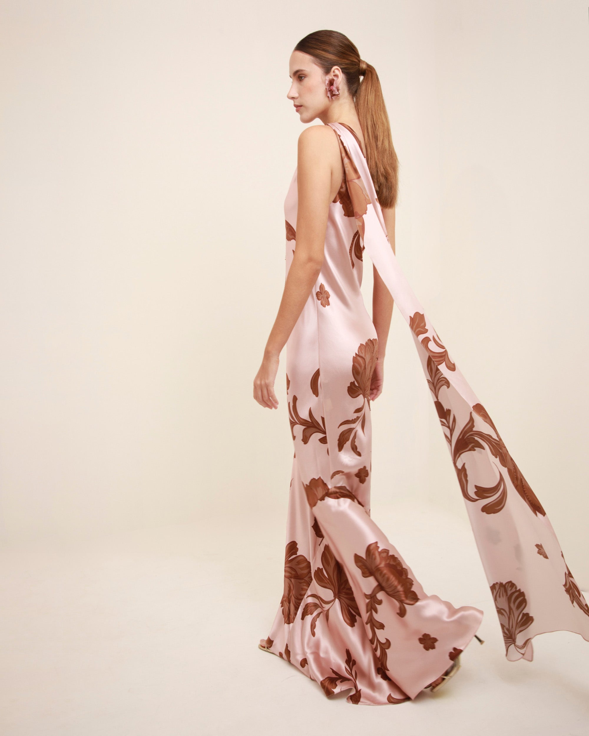 Petalo Floral Silk Drape Asymmetric Maxi Dress