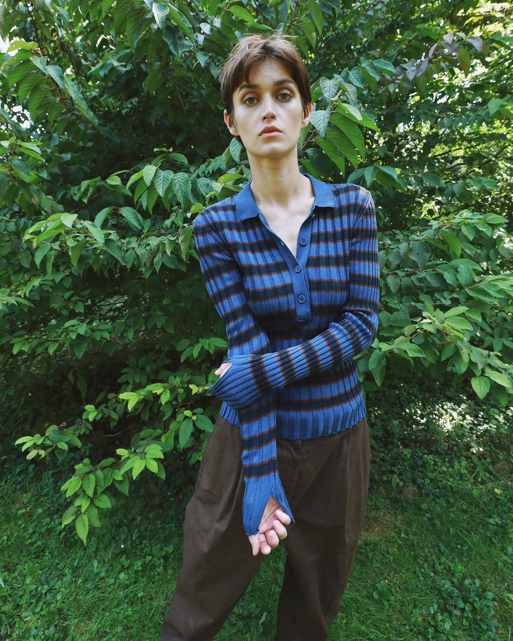Silvia Stripe Ribbed Cotton Polo Sweater