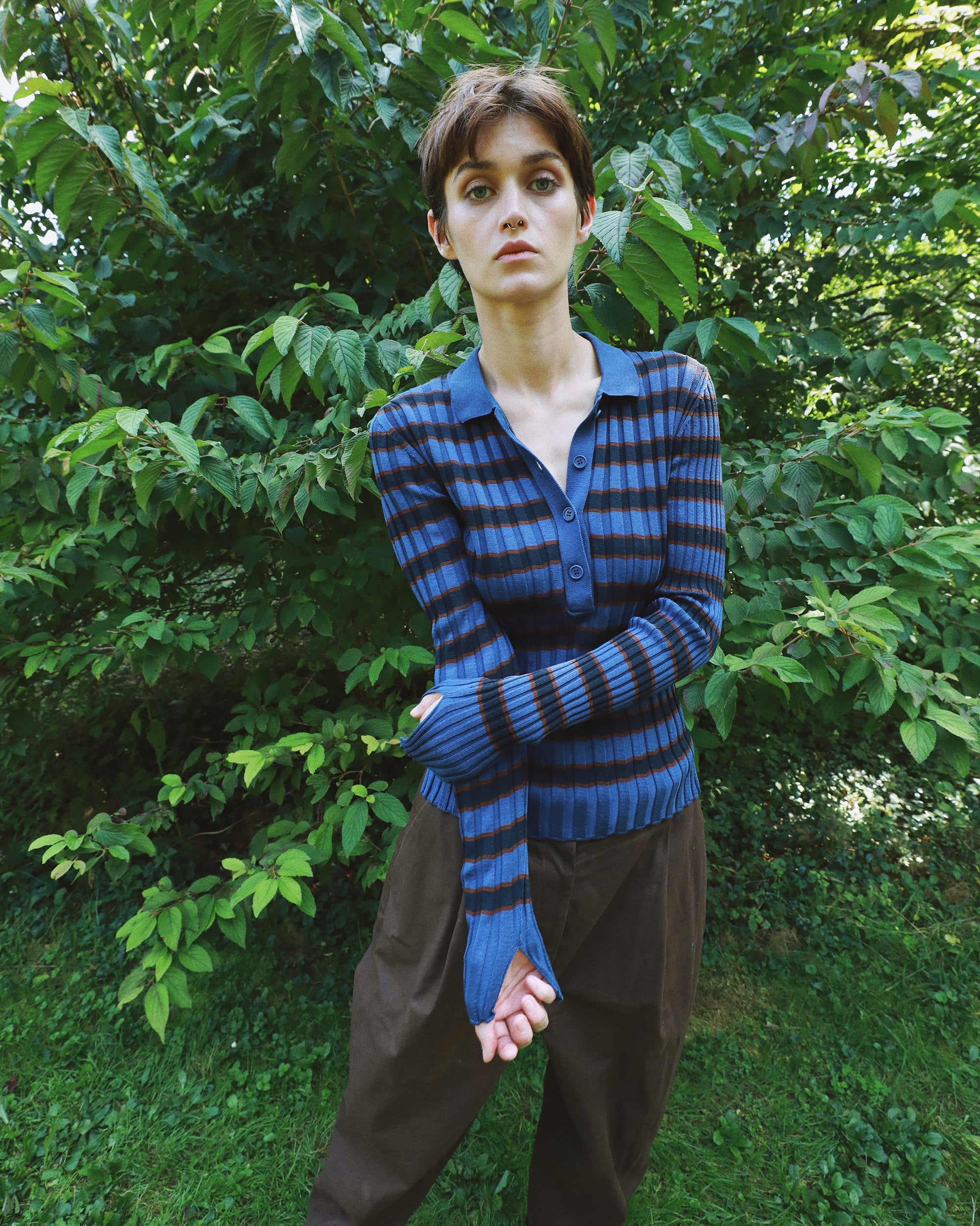 Silvia Stripe Ribbed Cotton Polo Sweater