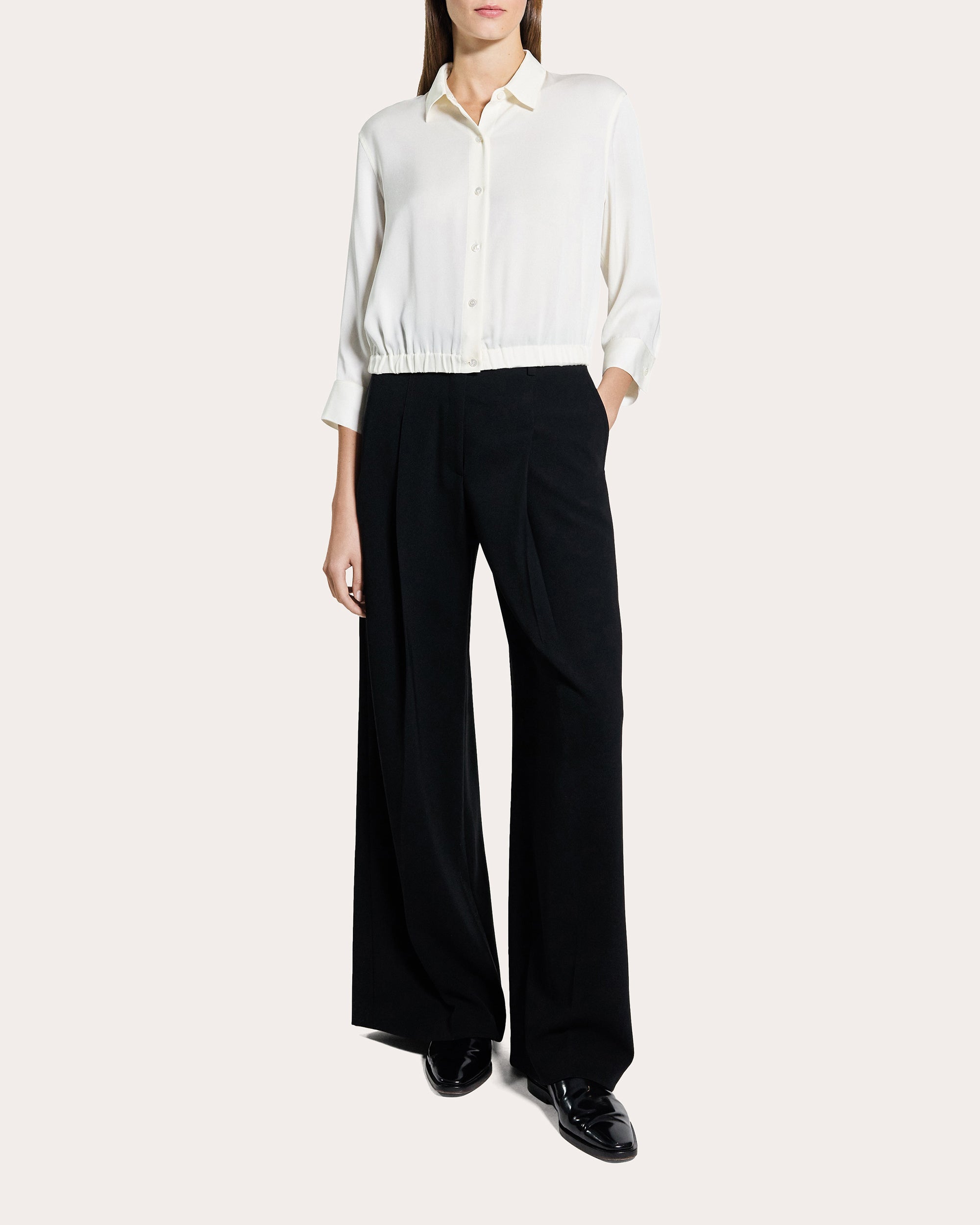 Silk Three-Quarter Sleeve Cinched Button-Up