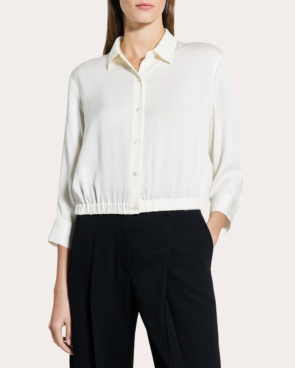 Silk Three-Quarter Sleeve Cinched Button-Up