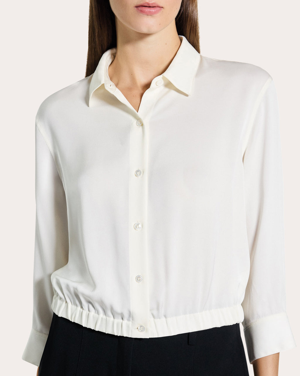 Silk Three-Quarter Sleeve Cinched Button-Up