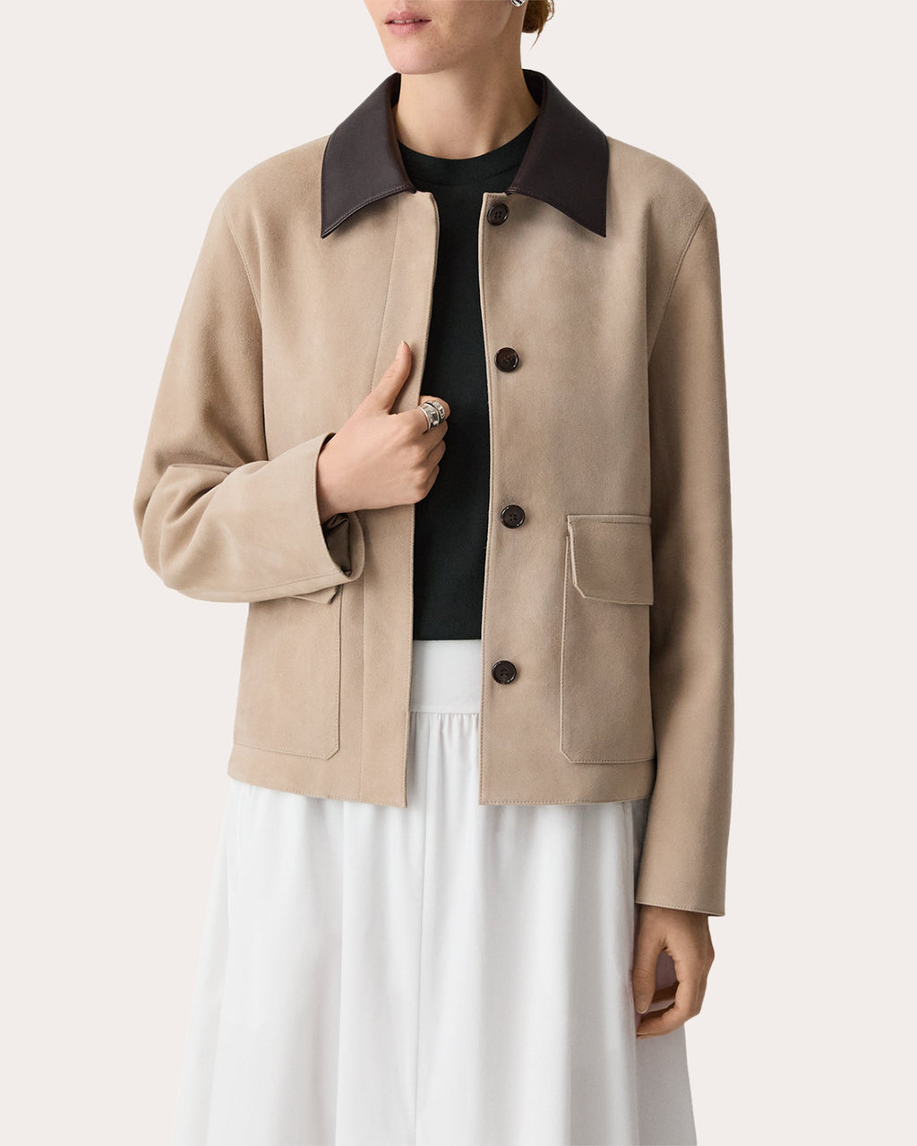 Suede Leather Combo Boxy Collared Jacket