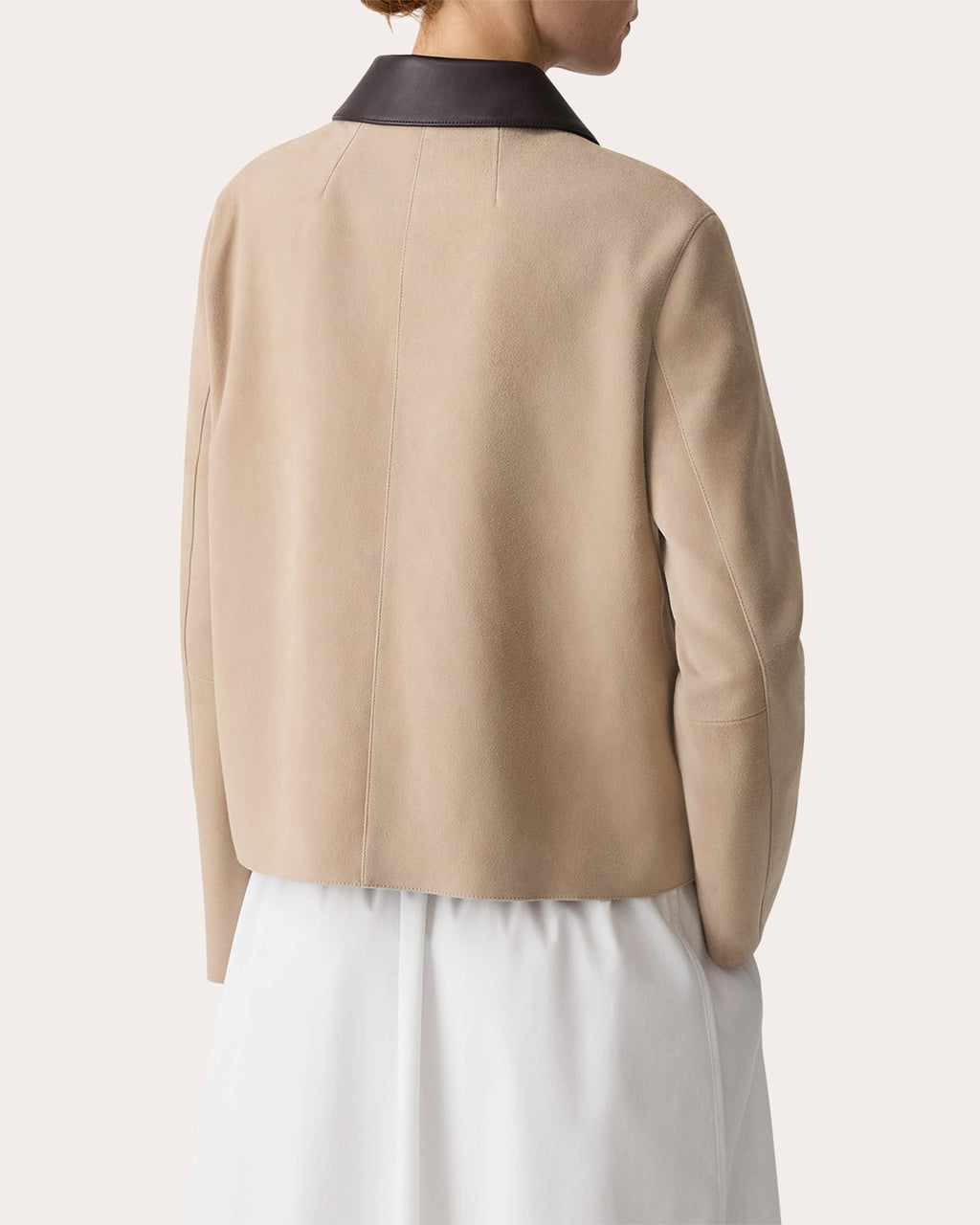 Suede Leather Combo Boxy Collared Jacket
