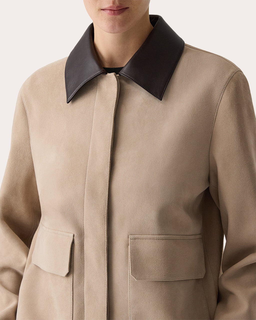 Suede Leather Combo Boxy Collared Jacket