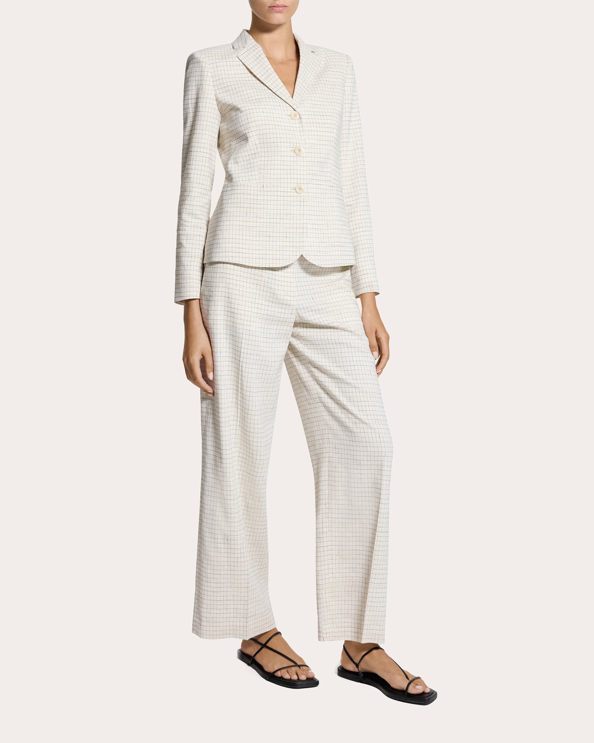 Check Linen-Blend Shrunken Blazer