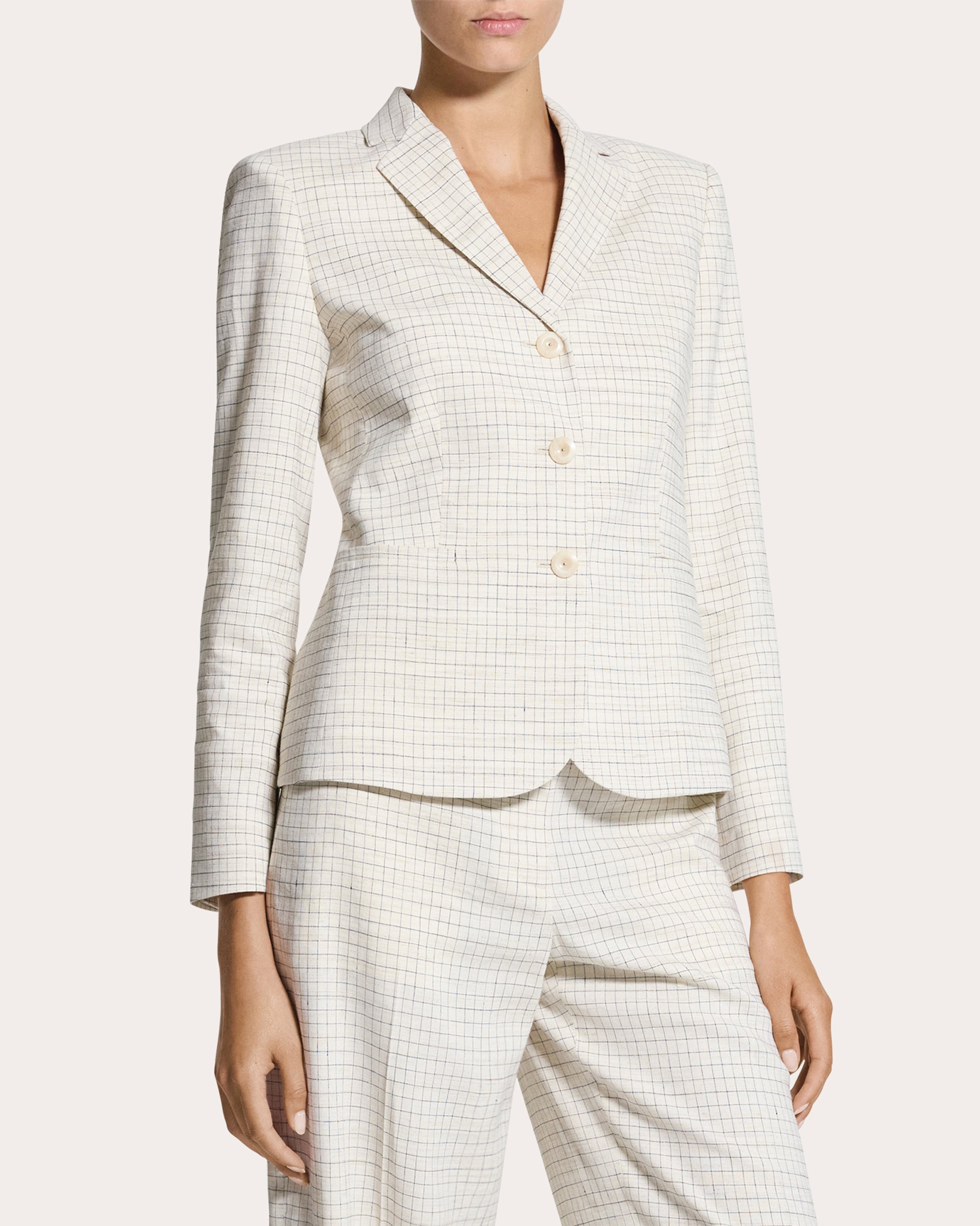 Check Linen-Blend Shrunken Blazer