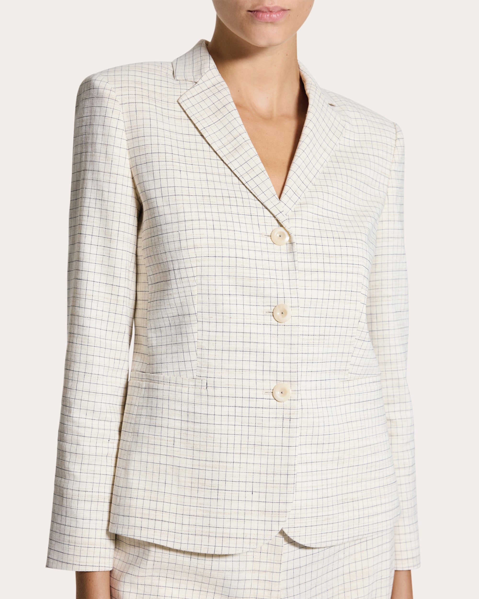 Check Linen-Blend Shrunken Blazer