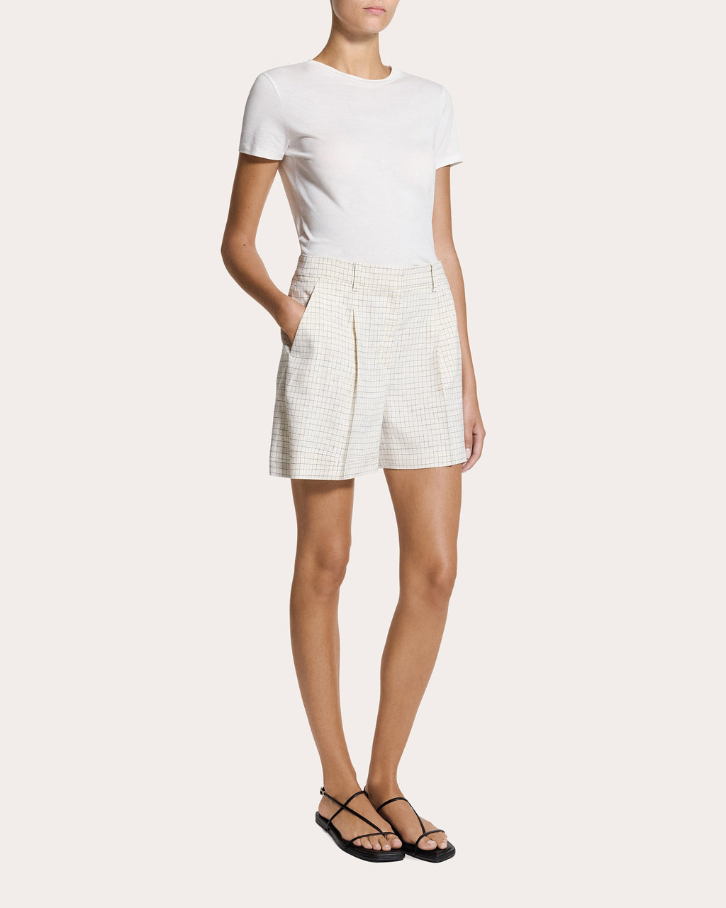 Check Linen-Blend Pleated Shorts