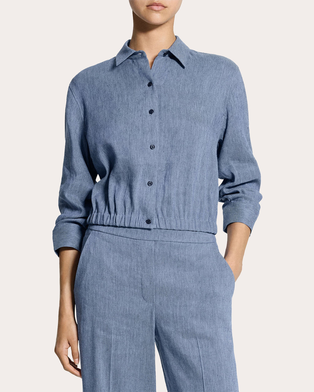 Fluid Linen Scrunched Crop Button-Up