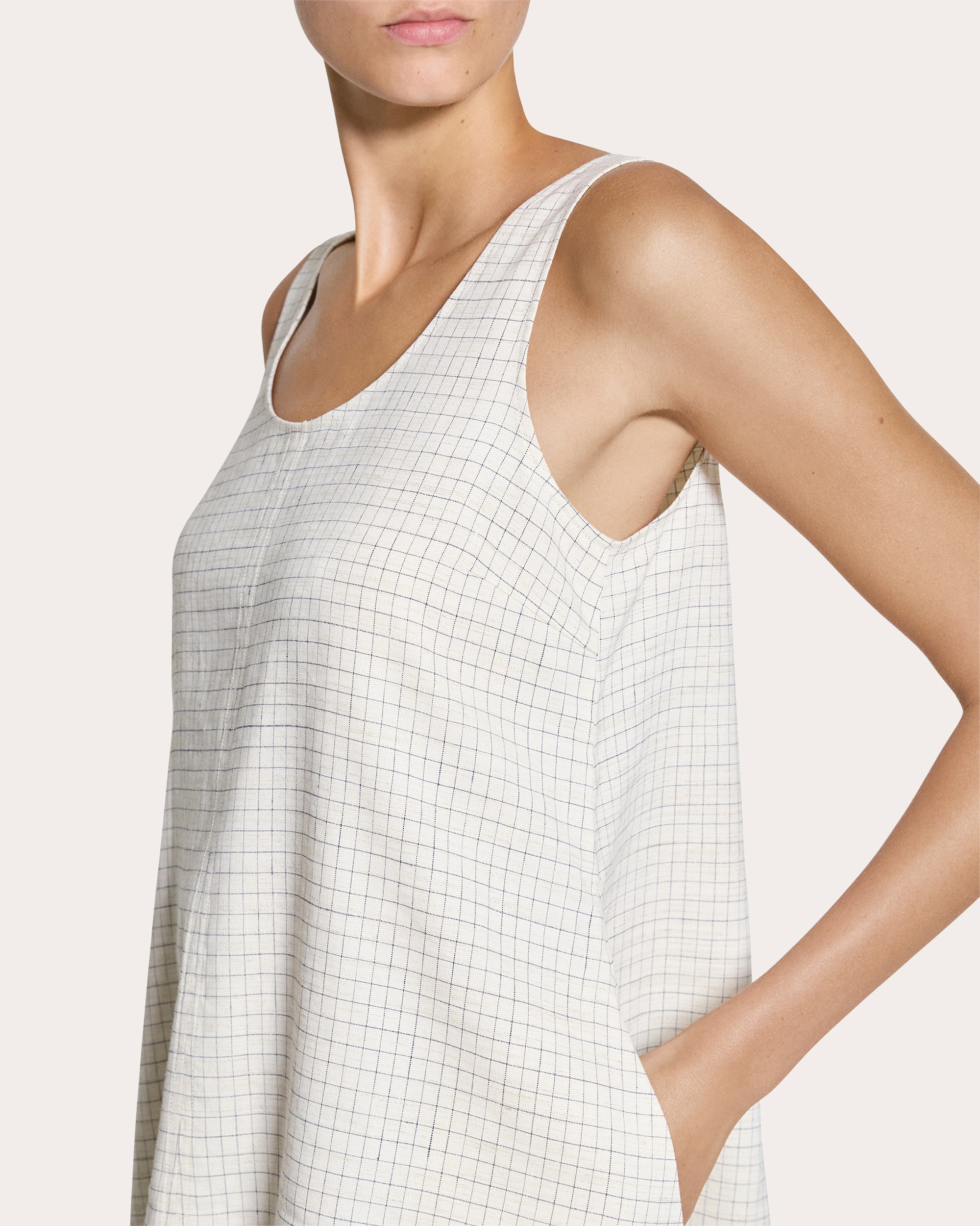 Check Linen-Blend A-Line Tank Dress