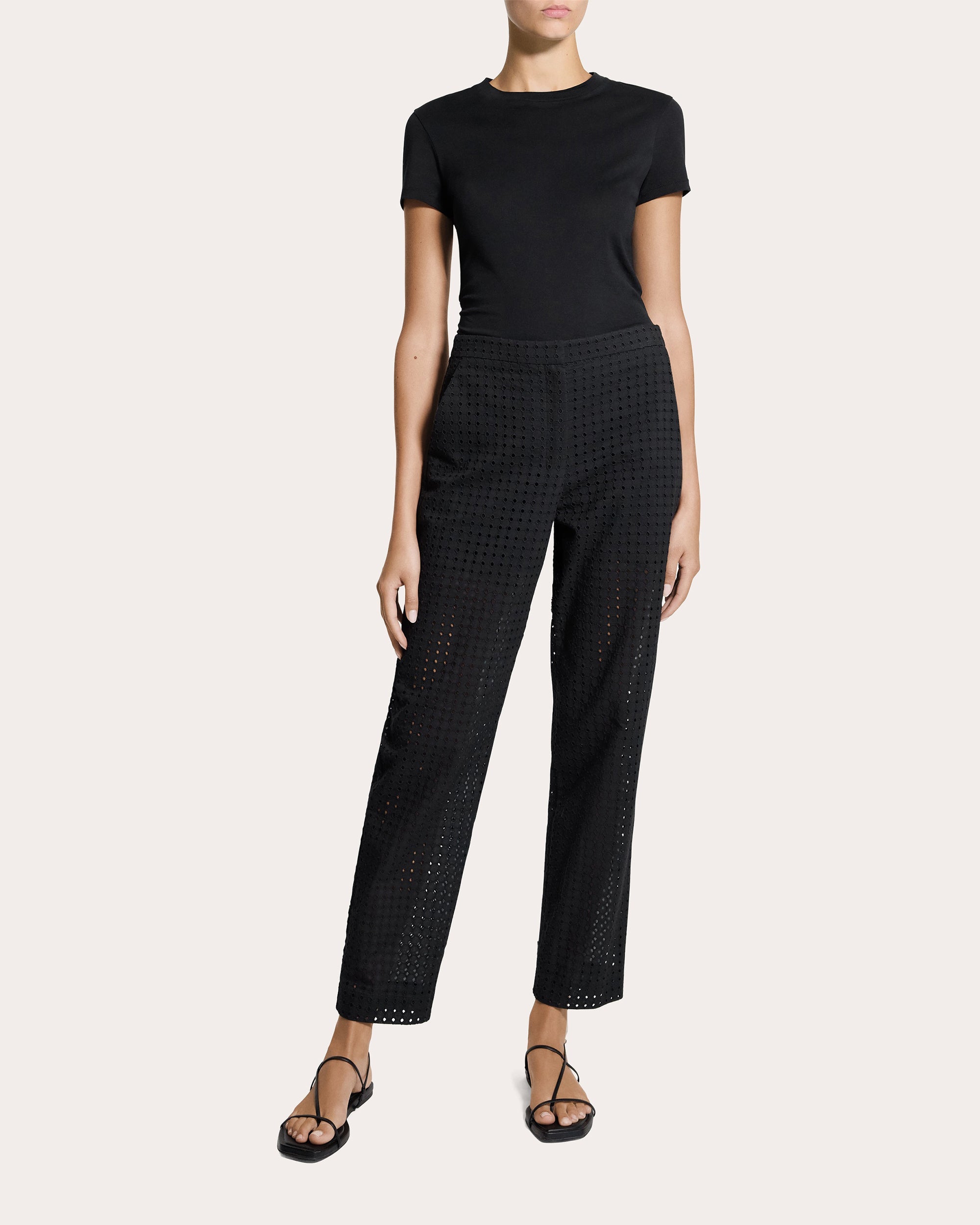 Embroidered Eyelet Cotton Easy Slim Pants