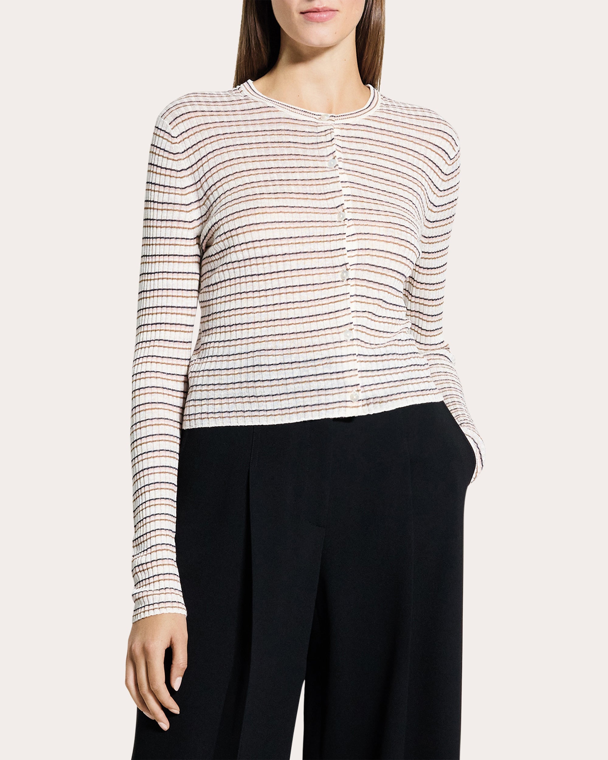 Stripe Linen Knit Cropped Cardigan