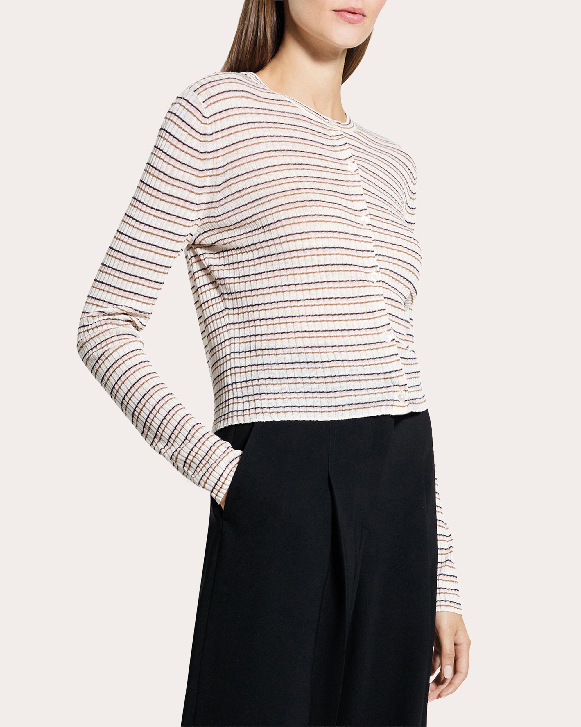 Stripe Linen Knit Cropped Cardigan