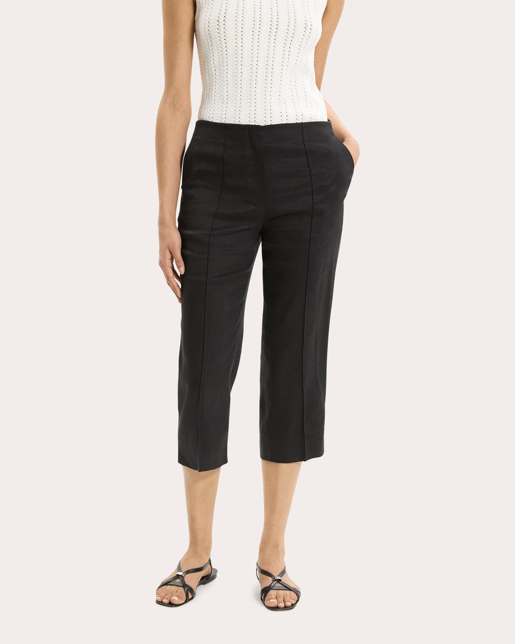 Linen Twill Slit Capri Pants