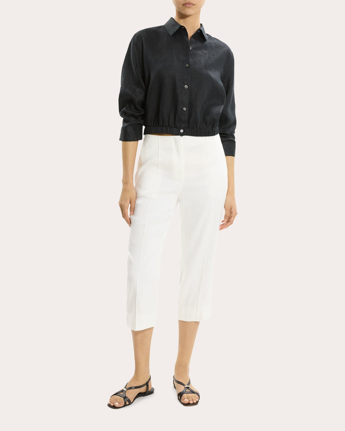 Linen Scrunched Crop Button-Up