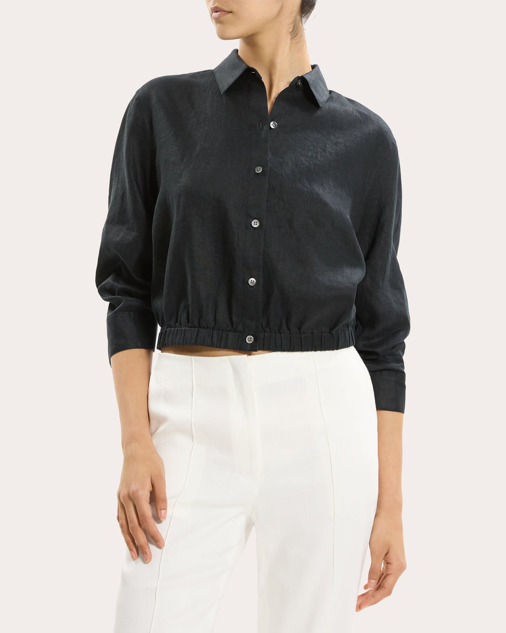 Linen Scrunched Crop Button-Up