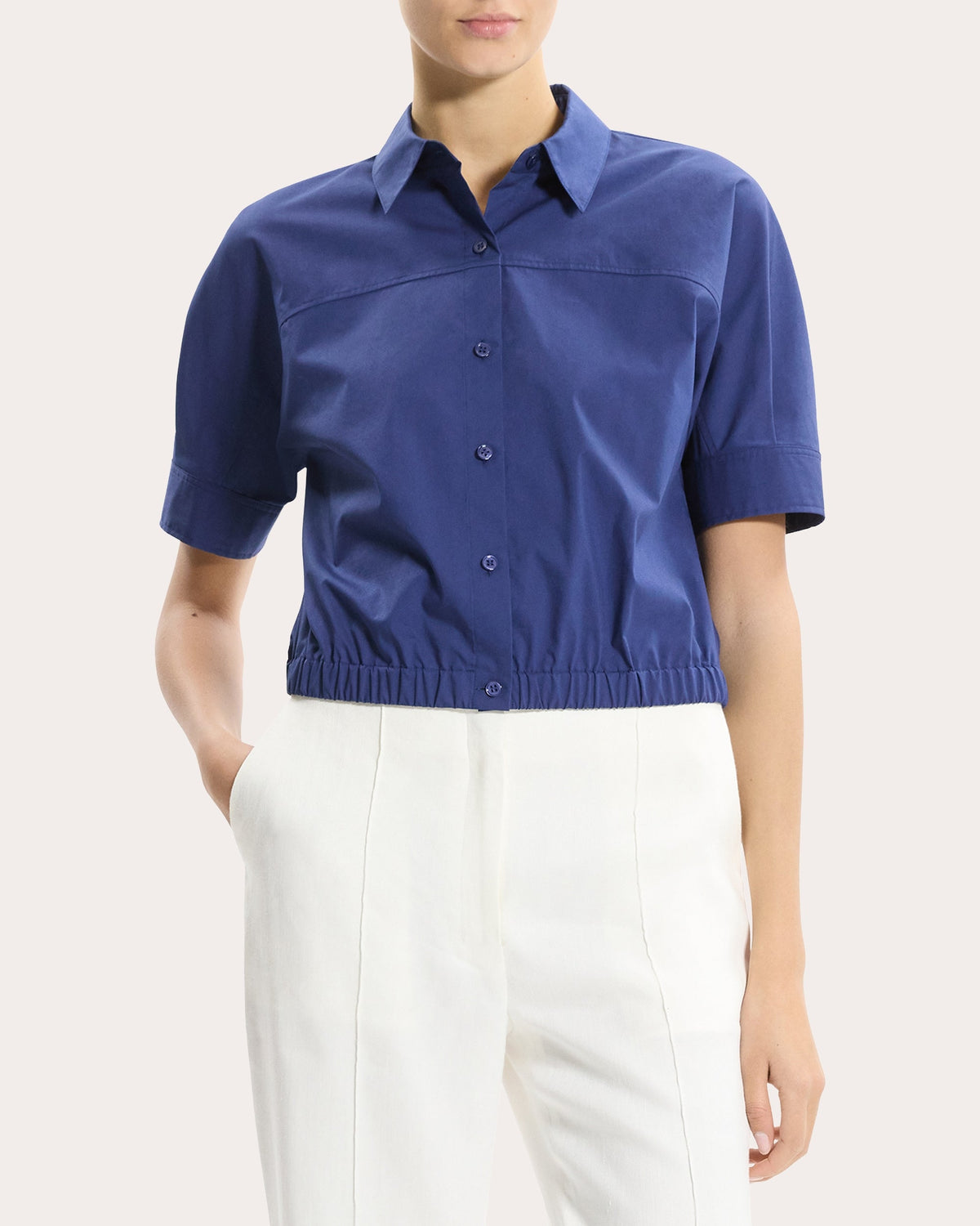 Relaxed Poplin Elasticized Button-Up