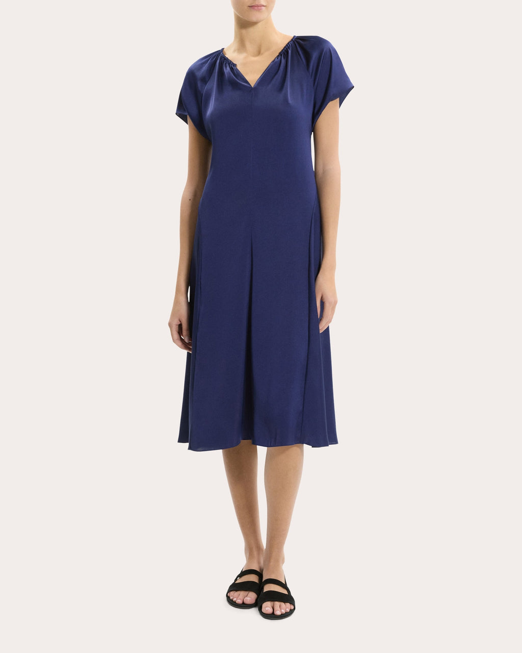 Satin Gathered Notch Midi Dress