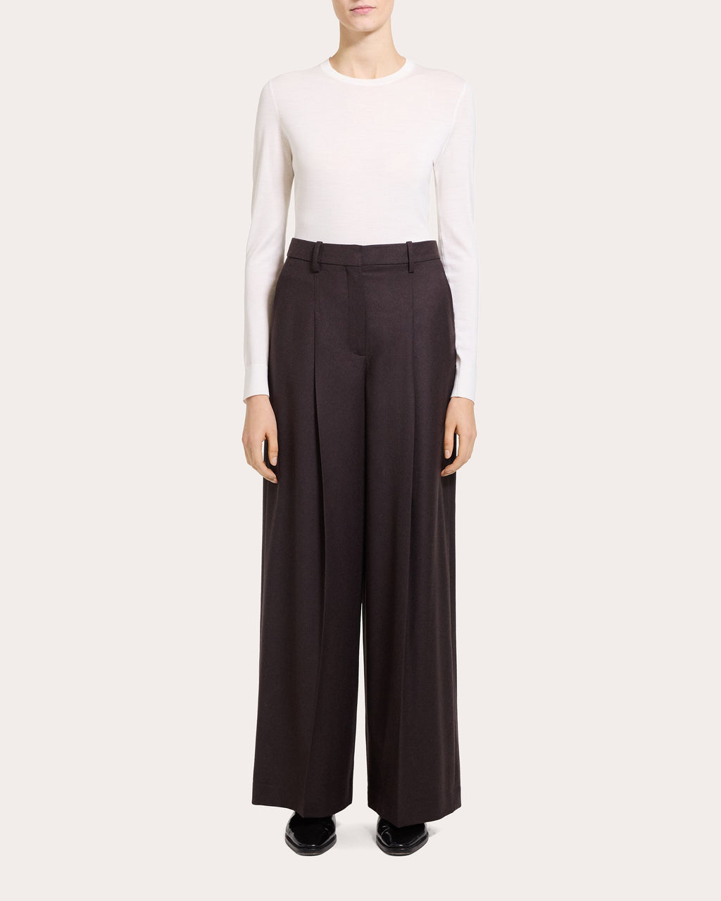 Sleek Flannel Wool Wide Pleated Trousers