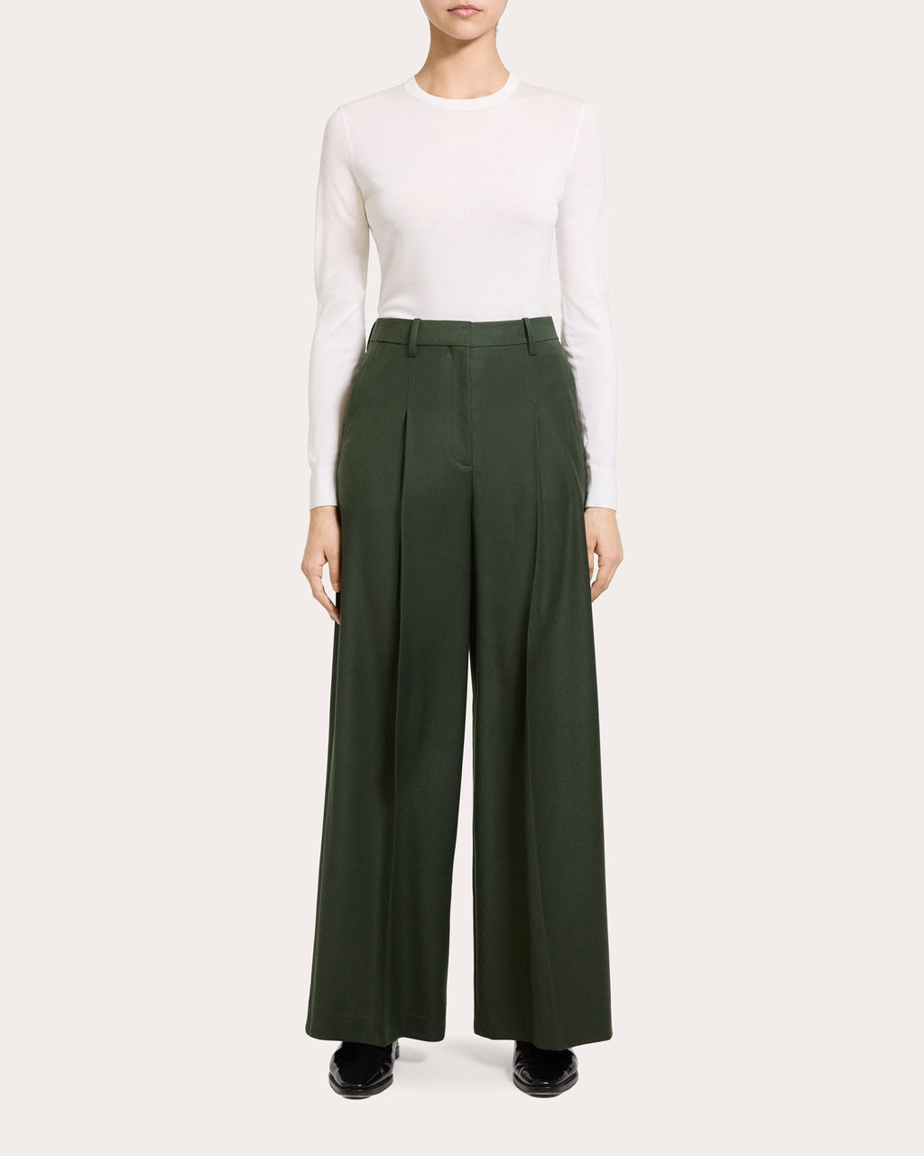 Sleek Flannel Wool Wide Pleated Trousers