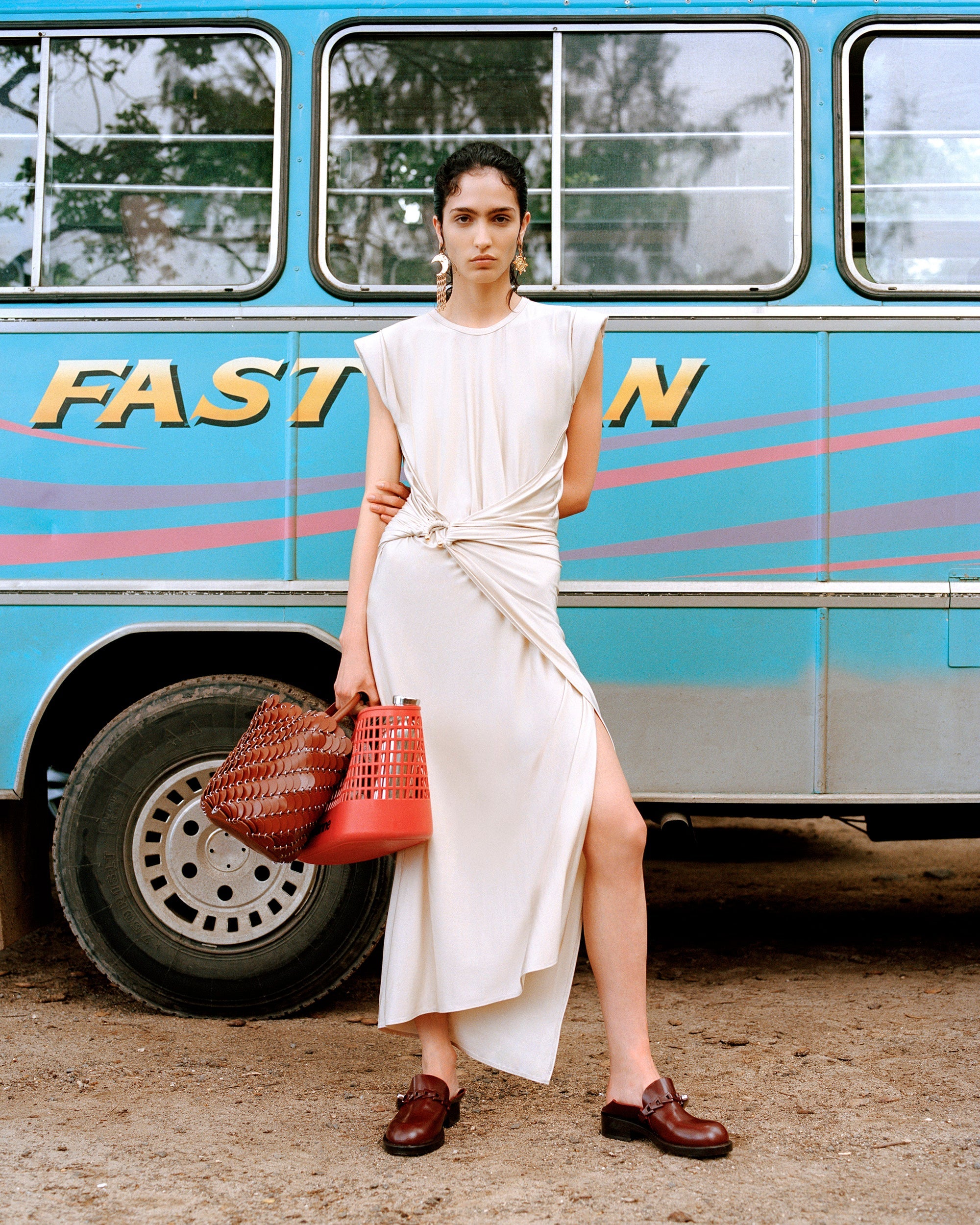 Jersey Hardware Draped Asymmetric Midi Dress