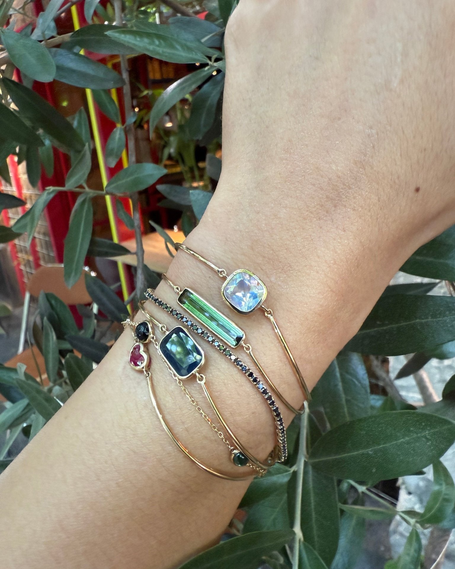 Rainbow Moonstone & 18k Gold Bar Bangle