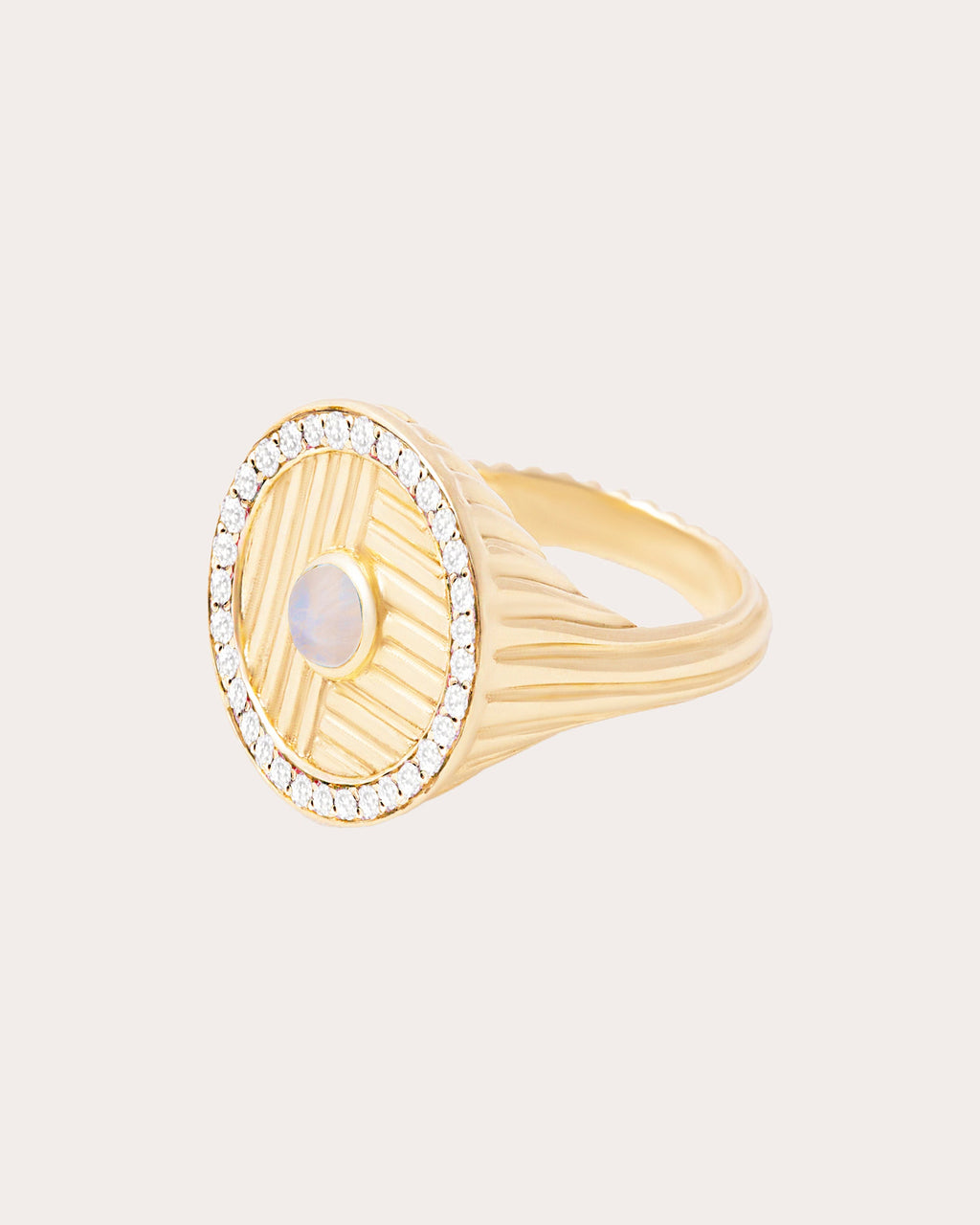 Diamond & Moonstone 14k Gold Found Ribbed Ring