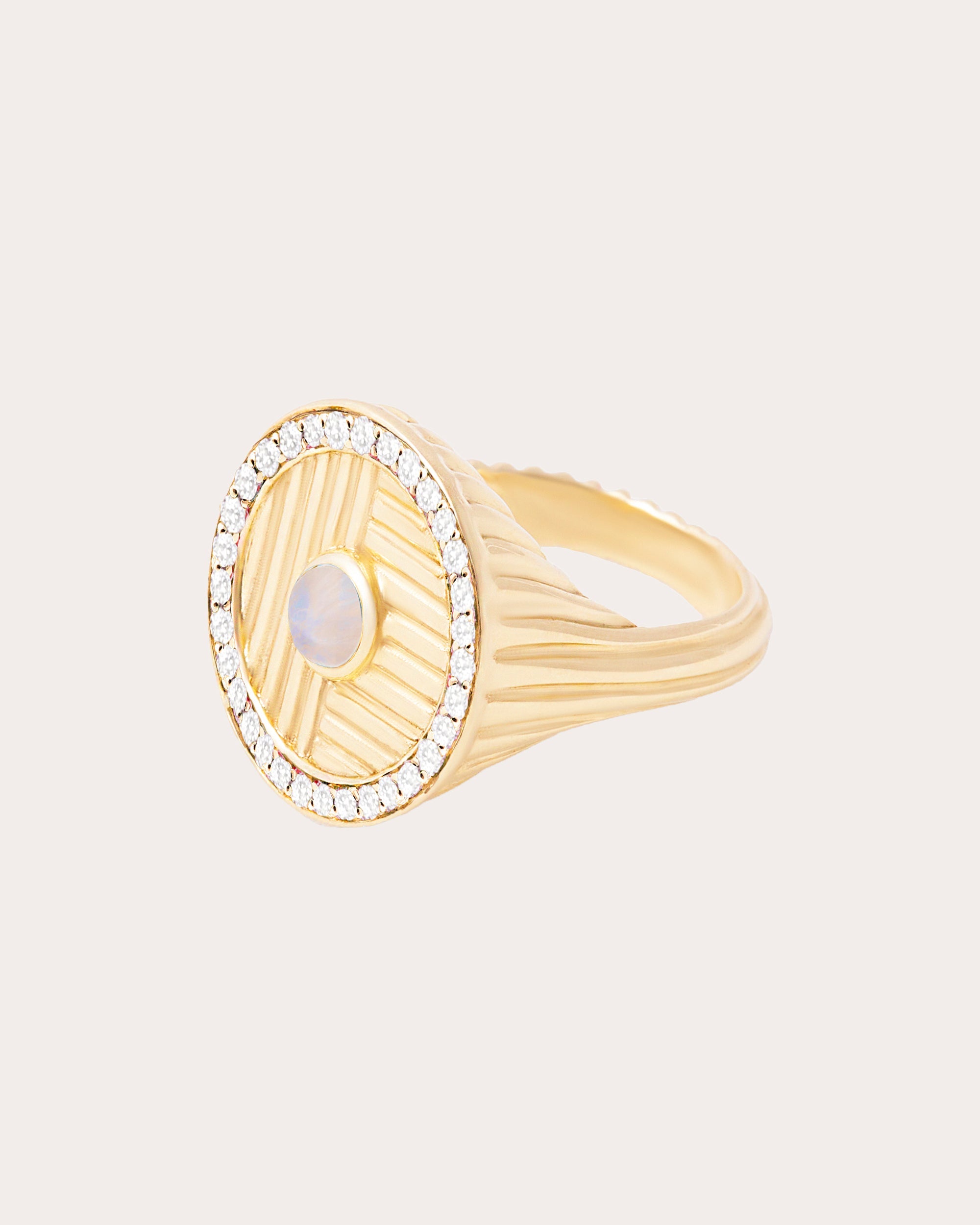 Diamond & Moonstone 14k Gold Found Ribbed Ring
