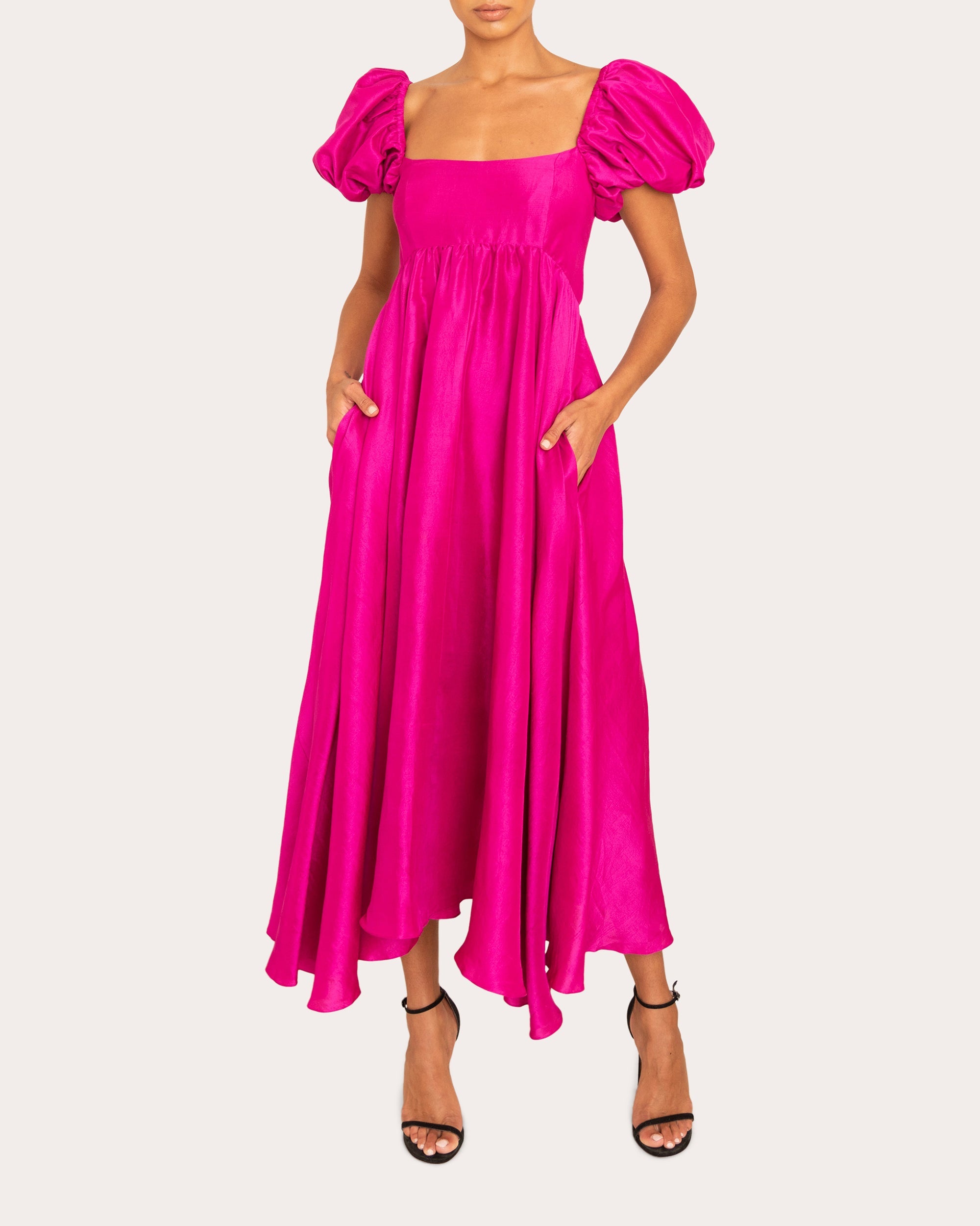 Rory Silk Puff-Sleeve Midi Dress
