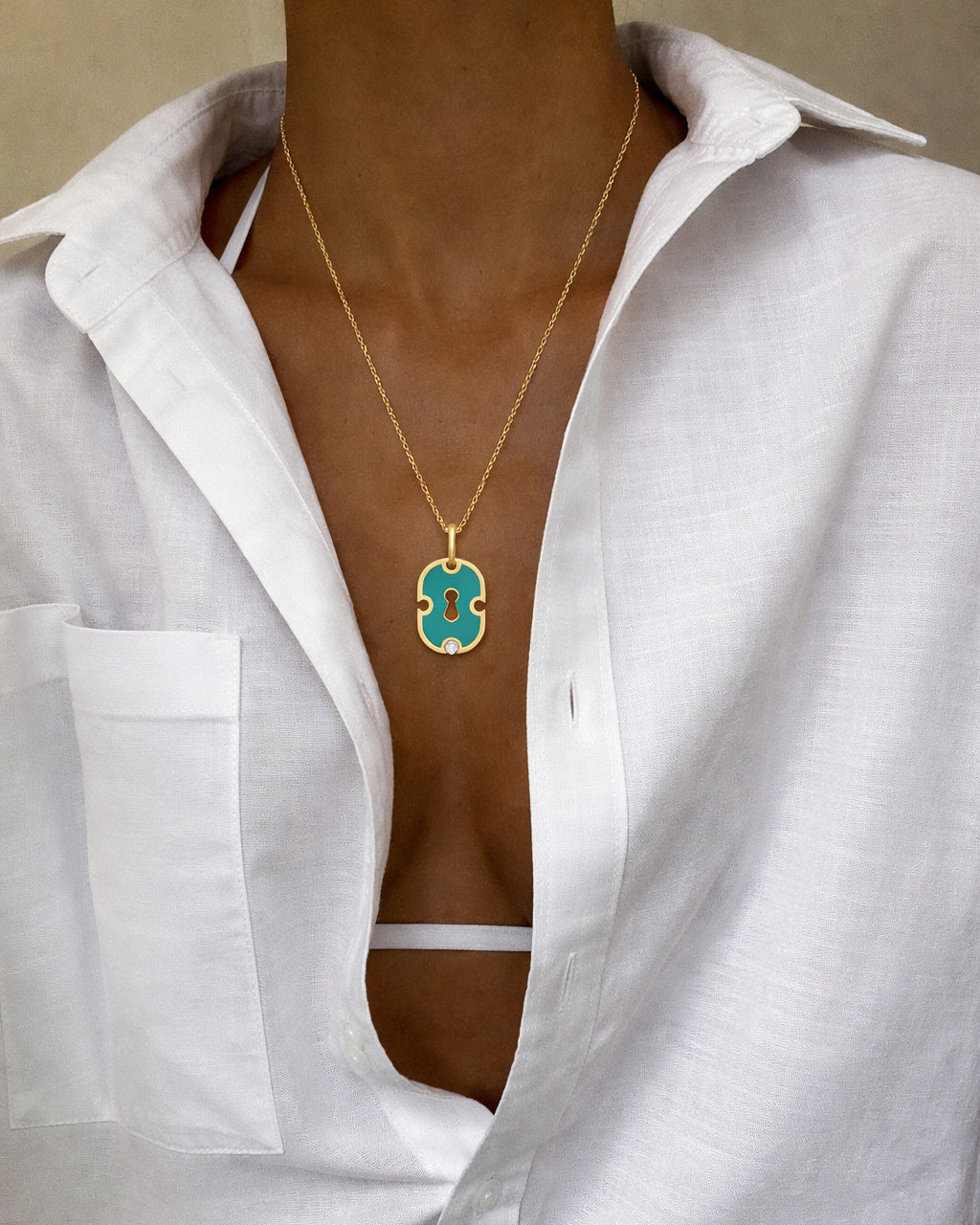 Cyan Ceramic & Diamond Unlock Pendant Necklace